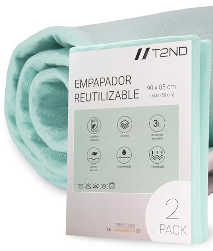 T2ND Protector Cama Impermeable Lavable Reutilizable para Incontinencia Adultos Mayores Niños Mascotas Alas Ajustables 4 Capas Absorbentes Higiénico Antiescaras Cuidado Nocturno Fácil Lavado 90x85 cm