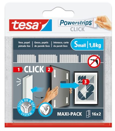 tesa Powerstrips CLICK - Ganci Adesivi per Appendere Cornici e Decorazioni da Parete Senza Forature - Strisce Autoadesive con Sistema di Aggancio e Sgancio ON e OFF - Small - 16 x 2 pezzi