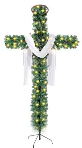 Albero Di Natale Artificiale, Albero Di Natale Pieghevole, Alberi Di Natale, 5 Piedi 150x100 Cm/59,06x39,37 Pollici, Finto Albero Di Natale A Croce Con Luci Scintillanti E Paletto Esterno Per Decorazi