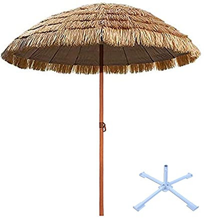 Ombrellone rotondo portatile in paglia con funzione di inclinazione, ombrellone da spiaggia all'aperto per ombrellone, impermeabile, in paglia, design pieghevole con base