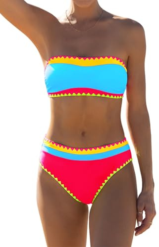 popvil Bikini Sets for Women Bandeau Swimsuits Strapless Two Piece Bathing Suits Neon Swimwear for Beach Vacation 2026
