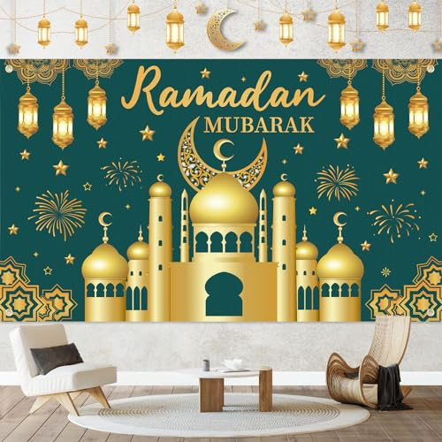 Gaeymy Toile de Fond Banniere Ramadan Mubarak, Grand Tissu Musulman Bannière kareem Décoration, Eid Mubarak Decoration Photomaton Fond pour Partie Fournitures de Fête Intérieure Extérieure(185x110cm)