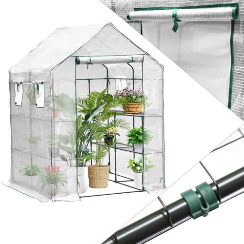 Eikuavons Gewächshaus,Tomatengewächshaus mit Regale für Pflanzen,143*143*195cm,135g PE-Plane,Wetterfest,Treibhaus mit Tür(Weiß),für Garten oder Balkon