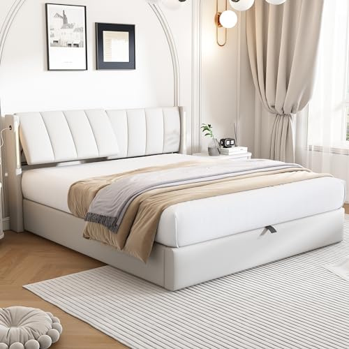 BTM Double Bed Frame, Double Bed with Storage & LED Lighting & Rechargeable USB Port & Adjustable Headboard, Upholstered Double Bed Frame 4ft6(135x190cm), White PU, No Mattress