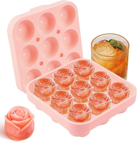 Eiswürfelform Rose, Eiswürfelbehälter mit Deckel, 9-Fach Ice Cube Tray 3D Rosen, Rose Eiskugeln, Eiswürfel Form, BPA-Frei für Eis, Whiskey, Cocktail, Saft, Kaffee Eiskugelform (A)