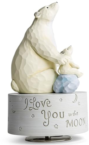 MS. WENNY Handgefertigte Musikfigur Eisbär & Babybär – I Love You to the Moon and Back – Spieluhr mit „You Are My Sunshine“ – Resin Dekofigur als Geschenk für Mutter, Kind, Geburtstag oder Familie