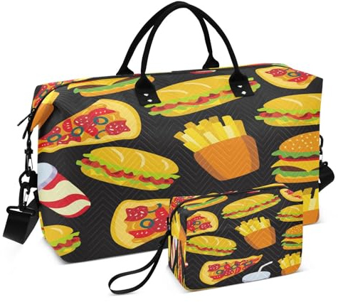 Travel Duffle Gym Bag Fast Food Pattern Black for Women Men Weekender Tote Bags
