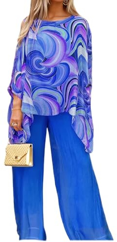 WANGHAIPING Conjunto de 2 Piezas de Gasa con Estampado de Pintura al óleo for Mujer, Pantalones Anchos for Boda, cóctel o Fiesta de Verano, 2025(Blue,Medium)