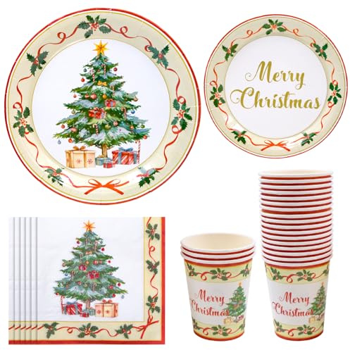 JJQHYC Ensemble de vaisselle de Noël Assiettes en carton, gobelets et serviettes en carton, décorations de fête de Noël, Nouvel An, vaisselle festive