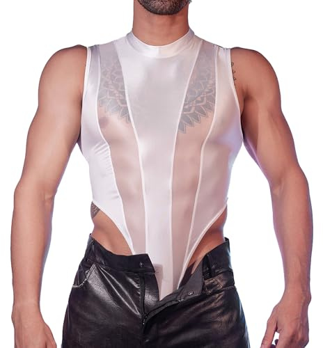 QiaTi Men’s Bodysuit Bulge Pouch Sleeveless Undershirts Sexy Patchwork Sheer Jumpsuit High Stretchy One-Piece High Cut Leotard for Man