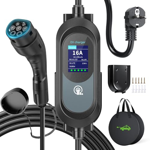 EVJUICION - Cargador de coche eléctrico 6M, 3,68 KW | 8-16 A | 0-12 H programado cargador tipo 2 con gran pantalla LED y soporte de pared, portabilidad doméstica Cable de carga para vehículos