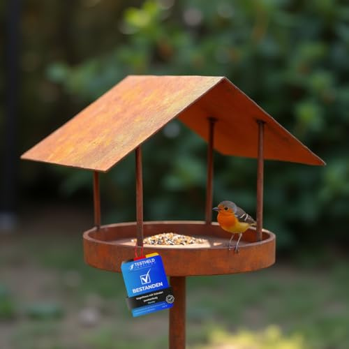 Maxito Vogelhaus mit Ständer wetterfest aus Metall und stabilem Stand 158 cm hoch als Gartendeko rost im Garten I Vogelhaus I Vogelfutterhaus I Gartendeko für draußen I Vogelhäuschen I Terrasse