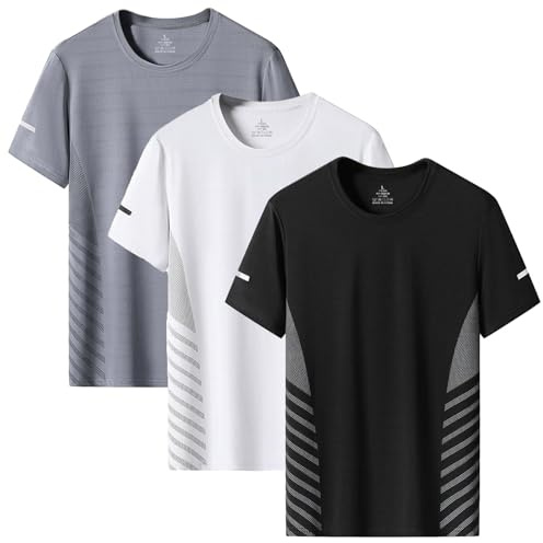 3 Pack Mens T-Shirts Quick Dry Sport Tops Breathable Moisture Wicking Athletic Gym Tshirts Crew Neck Running Workout Shirts (UK, Alpha, 3XL, Regular, Regular, Black+White+Grey)
