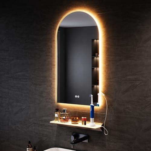 SONNI Badspiegel mit Beleuchtung Bogen 90x50 cm, Touch Badezimmerspiegel mit Steckdose, 3 Lichtfarben, Anti-Beschlag & Gedächtnisfunktion + 50cm Wandregal mit LED-Beleuchtung