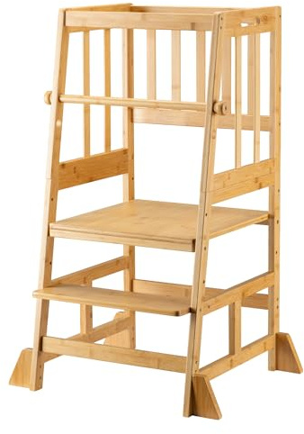Wiltec Hjälpa till-pall 57 x 46 x 90 cm i bambu, lärningstorn för barn med räcke, kökspall med skyddsstång