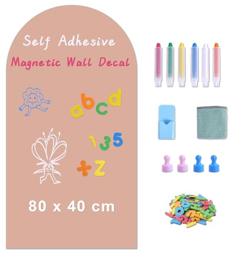 WIBOSOGA Tableau Noir Magnétique Autoadhésif 80 x 40 cm – Feuille Murale Effaçable avec Surface Magnétique, Design Arche, Inclut Craies, Chiffon et Aimants – Maison, Bureau, École (Rose)