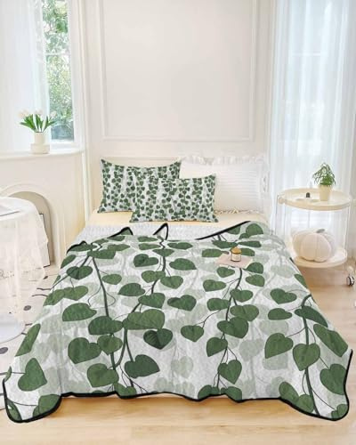 Chees D Zone Full Size Quilt Set, Spring Plants Ivy Lightweight Bedspread Coverlet Set Soft Microfiber Summer Quilt with 2 Pillow Shams, Green Heartleaf Philodendron 3 Piece Comforter Bedding Set