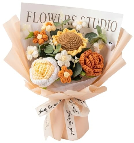 AwnsIMfreien Bouquet di Fiori all'Uncinetto - Rose e Tulipani Lavorati a Maglia, Bouquet di Fiori all'Uncinetto a Lunga Durata per Compleanno, Madre, Insegnante, Decorazioni per la casa, Champagne