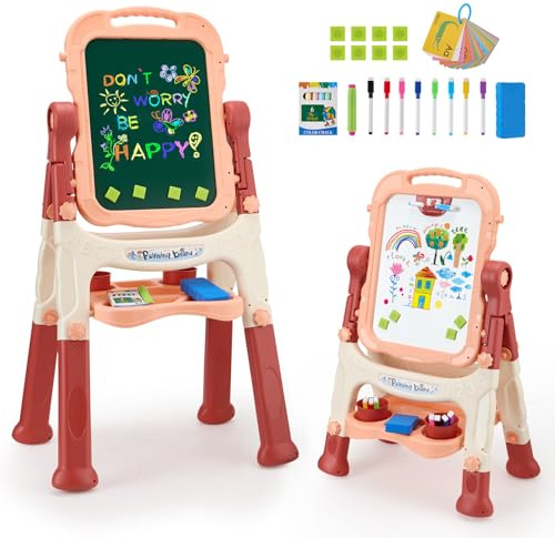 Kids Easel with Magnetic Whiteboard Chalkboard, 4 in 1 Kids Folding Double Sided Magnetic Easel, Art Easel for Kids Drawing Board Birthday Gifts for Girls Boys Toys Age 2-7 Years Old Birthday Presents
