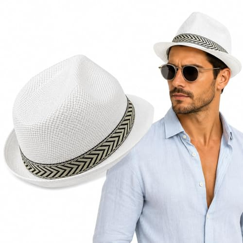 OTHERWISETRIVIAL Cappello Simil Paglia Unisex, Stile Panama e Fedora, per Spiaggia e Casual, Vari Colori e Modelli (Jazz Bianco)
