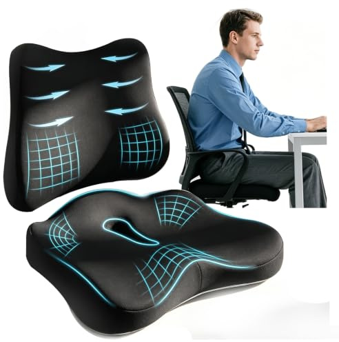 Cuscino Sedia Ufficio 2 in 1, Supporto Lombare e Seduta Cuscino Lombare Auto in Memory Foam, Ergonomico per Auto e Gaming, Allevia Dolore Coccige e Schiena, Fodera Lavabile e Base Antiscivolo