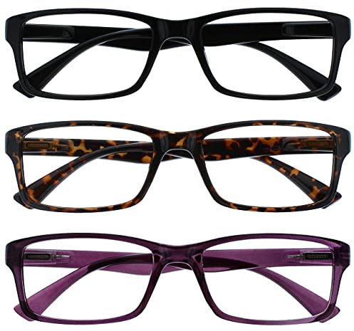 OPULIZE PEP Lesebrille für Damen und Herren - 3er Pack- Große Rechteckige Brille - Komfortable Federscharniere - Kratzfest - Schwarz Braun Lila UVR +3.50