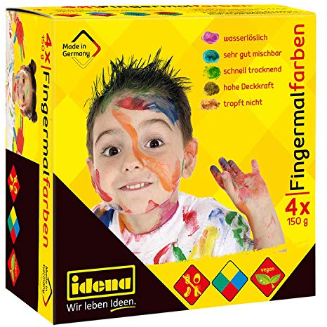 Idena 60037 - Fingerfarben 4 x 150 g in Blau, Gelb, Grün und Rot, ungiftige & vegane Fingermalfarben, glutenfrei, laktosefrei, erdnussfrei & wasserlöslich