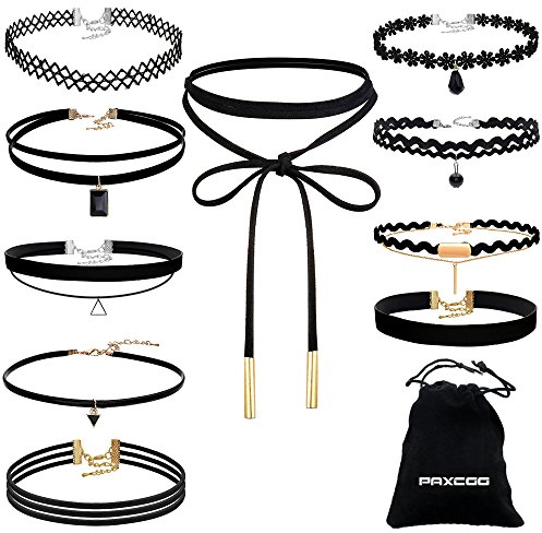 PAXCOO 10 Stück Choker Halskette Set Stretch Samt Classic Gothic Tattoo Spitze Choker für Damen und Mädchen