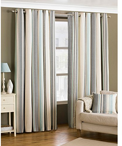 Broadway Stripe Fully Lined Eyelet Ring Top Woven Curtains, Polyester-Cotton, Duck Egg Blue, 90 x 90-Inch