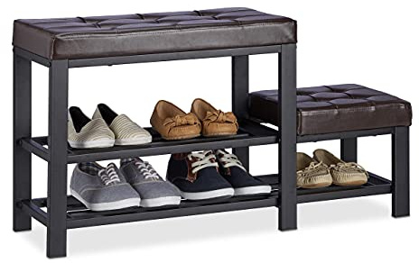 Relaxdays Panca Scarpiera con Sgabello, Seduta Imbottita, 2 Ripiani, per Bambini, HxLxP: 50 x 90,5 x 30,5 cm ca, Marrone
