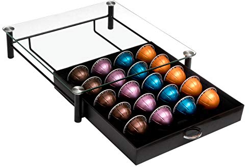 Amtido Vertuo Coffee Capsule Holder & Dolce Gusto Pod Storage Drawer - Tempered Glass Top