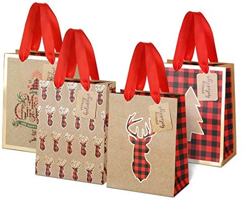Lihao 12 stycken presentpåsar jul kraft papperspåsar julpåsar presentpåsar presentpåsar med handtag presentförpackning för jul fest