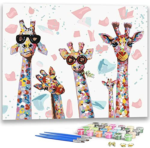 SULISO Pintar por Numeros Adultos, DIY Pintura por números con Pinceles y Pinturas Decoraciones para el Hogar sin Marco de 40 X 50 cm-Familia Jirafa