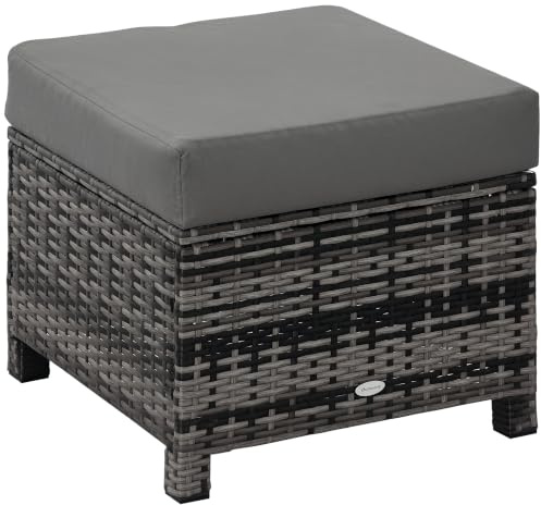 Outsunny Rattan-Fußhocker mit gepolstertem Sitzkissen 50x50x35 cm, grau | Korb-Ottomane, Terrassenmöbel, Gartenhocker, für Poolbereich, Wohnzimmer