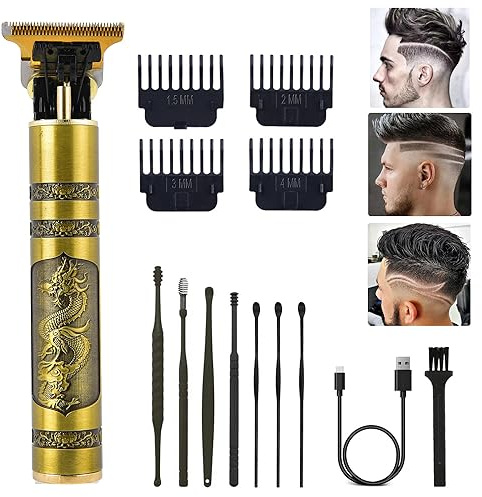 Tagliacapelli professionale senza fili, con lama a T, per uomo, senza interruzioni, ricaricabile, tagliacapelli con pettine guida, set di strumenti per cucchiaio per orecchie