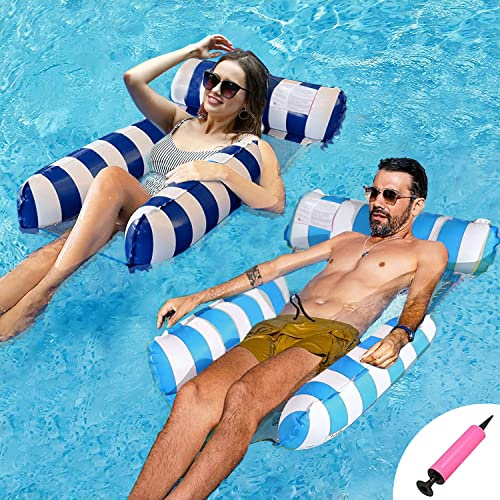 SHENGMEI Wasserhängematte Pool aufblasbare Stühle dick 2 Stück, aufblasbare Pool-Flöße für Erwachsene Kinder Schwimmen, groß aufblasbar schwimmend mit Bodennetz, Pool Bett Wasser Lounge, Blau