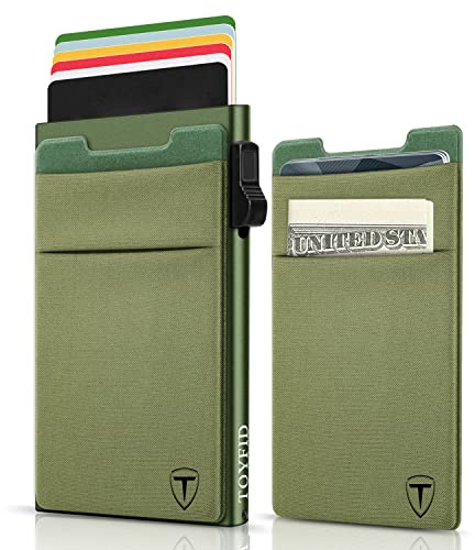 TOYFID Olivgrünes Aluminium Pop-up Slim Card Wallet, RFID | Pop-up-Kartenhalter mit Geldscheinfach. Lycra-Bezug. Bonus-Tuch. Automatischer Auswurf. RFID-Schutz.