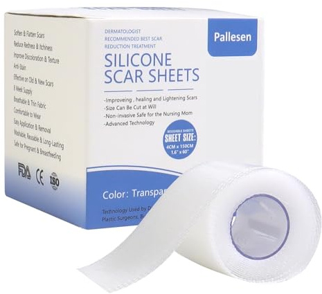 Pallesen Silicone Scar Sheets, Silicone Scar Tape, 1.6”X 60” Scar Tape, Silicone Scar Sheets for Surgical Scars, Silicone Tape For Scars, For C-Section, Tummy Tuck, Acne Scar, Keloid Scar Removal
