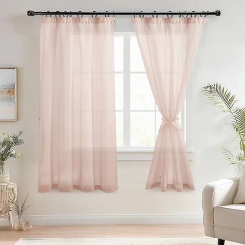 DWCN Vorhänge mit Kräuselband Transparent Kurz Blush Rosa H160 x B140cm | 2er Set, Modern Gardinen mit Raffhalter Schienensystem, Leinenoptik, Lichtfilterung, für Schlafzimmer, Kinderzimmer, Küche