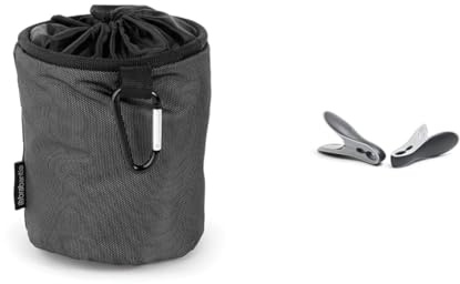Brabantia Premium Clothespins Bag (Black) + 16 Smart Pins (Black/Gray) Closing Cord & Hanging Carabiner, Durable Weather-Resistant Materials, Strong Anti-Rust Pins