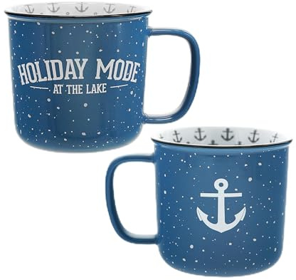 Pavilion Gift Company - Holiday Mode At The Lake - Ceramic 18-ounce Campfire Mug, Blue with Speckled Finish, Durable Thick Walled Camping Style Coffee Cup, Lake Coffee Mug, 1 Count, 4.75 x 5.5-In
