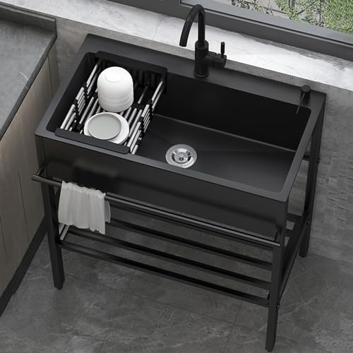 Lavandino in Acciaio Inox Professionale 1 Vasca,60x45x86cm Lavello Nero Multifunzione Cucina,Lavatoio da Esterno Autoportante,Lavabo Commerciale con Rubinetto,per Interno Ristorante Caffè Garage