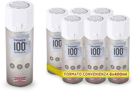 AREXONS Primer 100% Acrilico Fondo Aggrappante per Plastica, Perfetta Adesione anche su Legno e Ceramica, Fondo Antiruggine, 6 x 400 ml