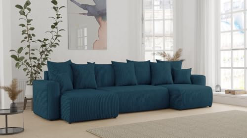 COMFORTINO FURNITURE ecksofa mit schlaffunktion und bettkasten Denver u-Form Sofa Couch mit bettkasten, 3-Sitzer eckcouch, schlafsofa für Wohnzimmer, Sofa Couch mit schlaffunktion (Blau)