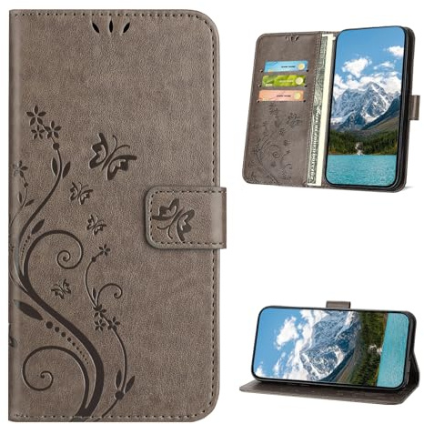 XINQCASE Handyhülle für iPhone 11 Pro Max Hülle, PU Leder Prägung Klapphülle Mit Kartenfach, Flip Case Schutzhülle für iPhone 11 Pro Max, Grau