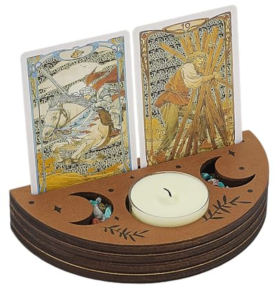 FINGERINSPIRE Soporte para tarjetas de tarot de madera semicircular, colores camello, soporte para cartas de tarot, fases de luna, diseño brujería, tarjetas de tarot, soporte de exposición, para