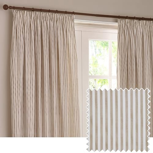 furn. Yard Hebden Pencil Pleat Curtain Pair – Ultra Soft Cotton Lined Striped Curtains (Natural - 229x229cm)