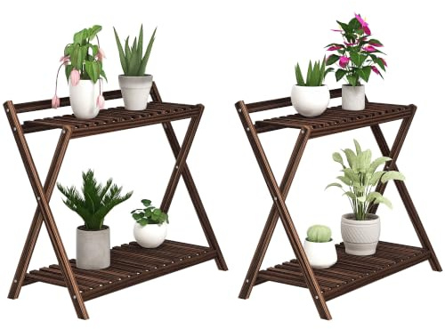 Outsunny Set 2 Portapiante a 2 Ripiani 73x36x64 cm Marrone Bruciato