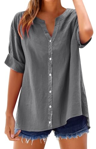 Dam linneblus bomull V-ringning elegant överdimensionerad bomullströjor avslappnad bekväm sommar vår andningsbar blus vintage enfärgad tröja t-shirt arbete kontor mode blus, Mörkgrå, XL