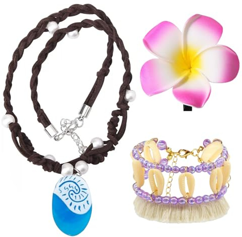3 Stück Prinzessin Vaiana Halskette Zubehör Boho Shell Anklet Blume Haarspange Ozean Pearl Anhänger Halskette Geburtstag Halloween Fasching Karneval Cosplay Party-Halskette Für Frauen Und Mädchen
